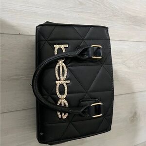 Chic Black Quilted Handbag “Bebe” brand tote with gold rhinestones